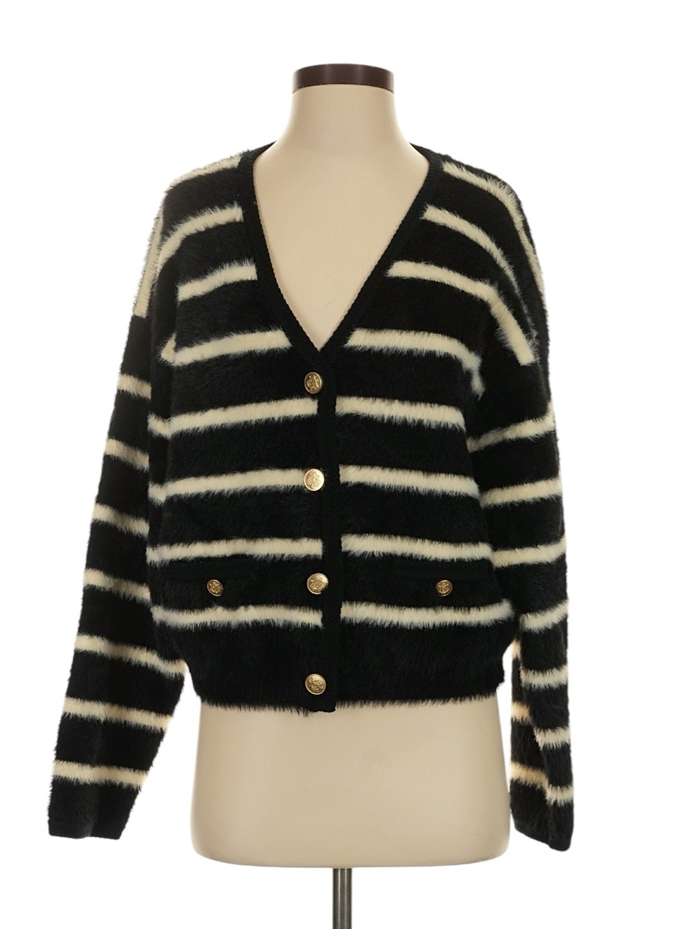 J. Crew Sweater Lady Jacket in Striped Brushed Yarn S Black White Stripes Plush